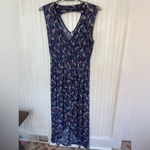 Blue with pattern faux wrap dress.